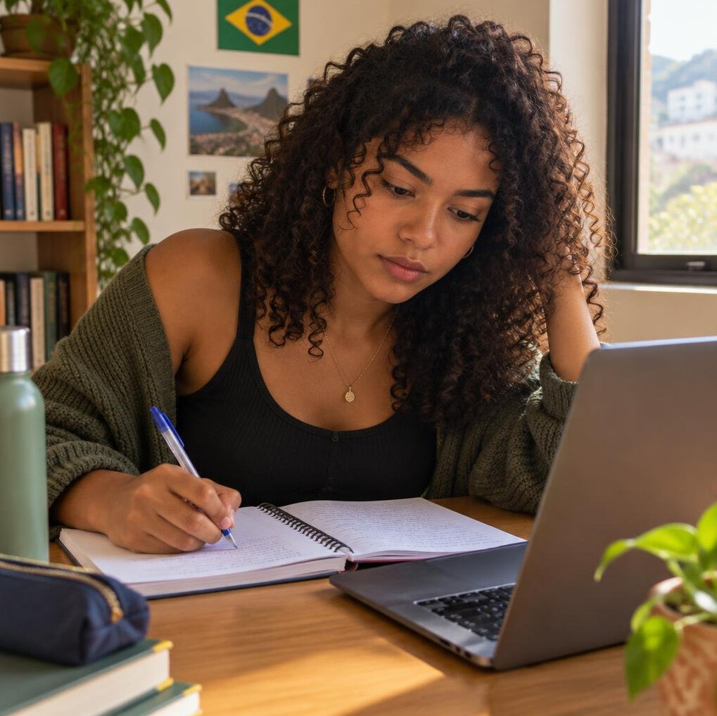 Young Brazilian woman studying with a laptop and notebook