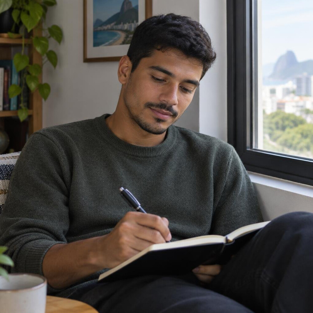 Young Brazilian man writing in a personal journal