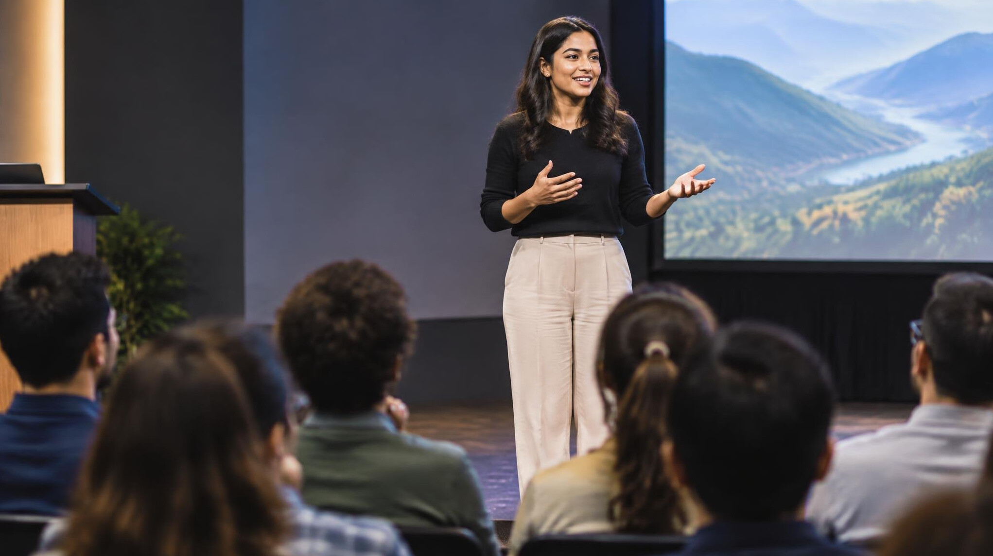confident speaker on stage