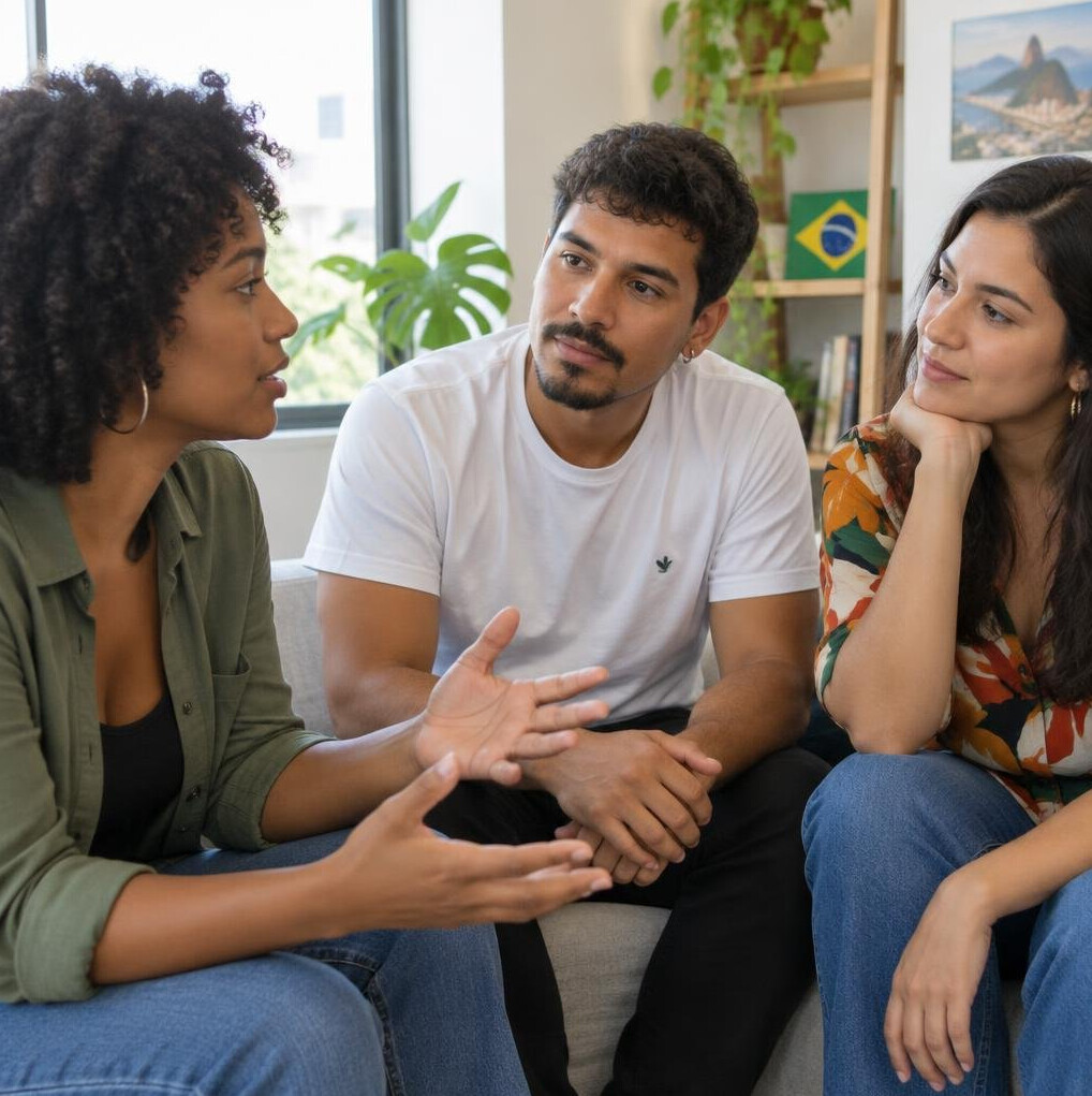 Small group of Brazilian people talking and listening to each other